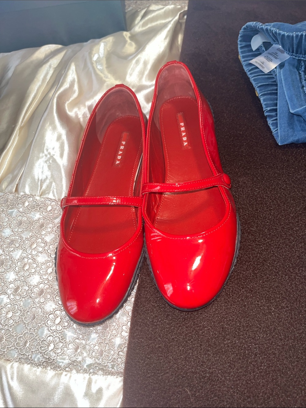 Prada Red Patent Leather Mary Jane Flats with Strap